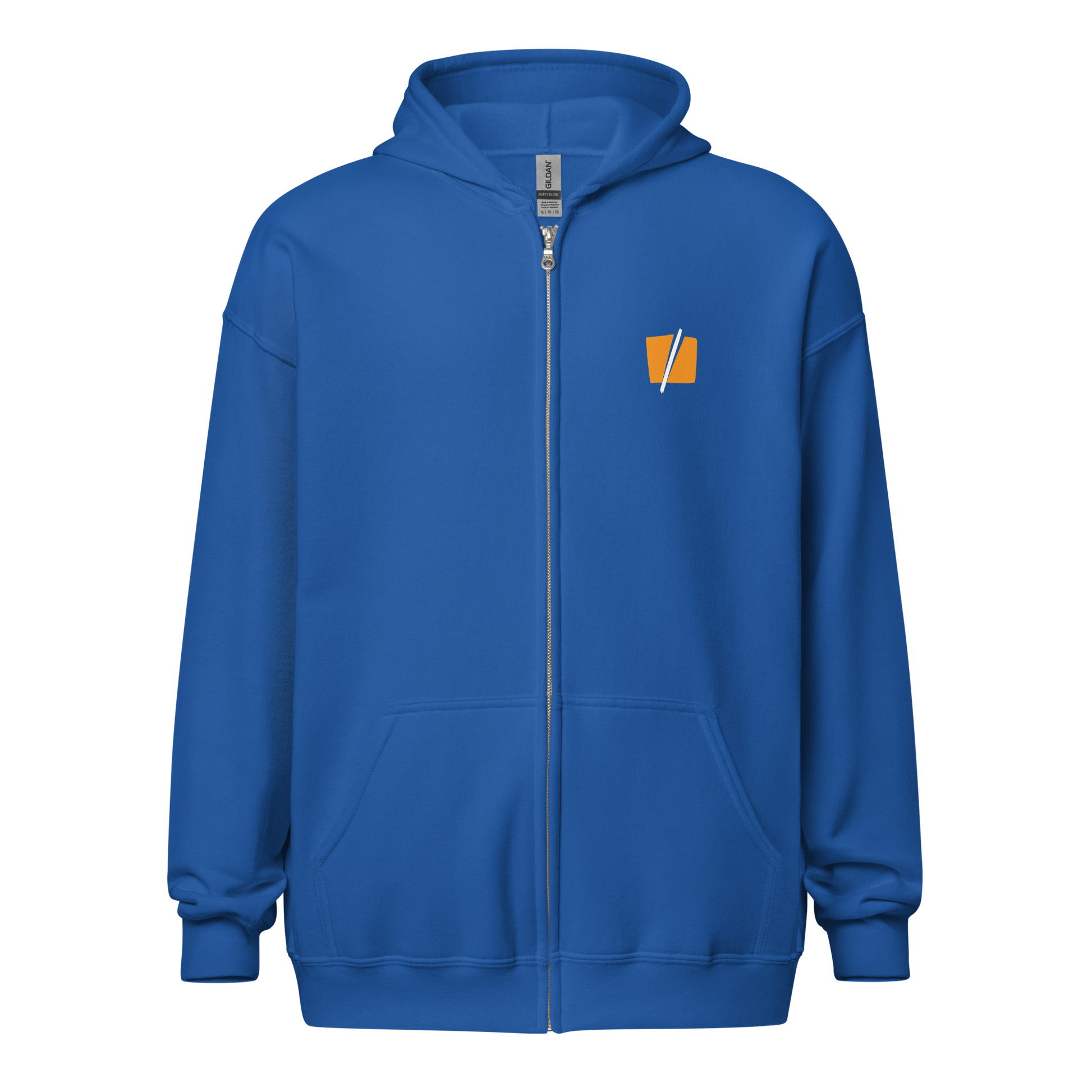 Front view of a royal blue bitcoin zip hoodie.