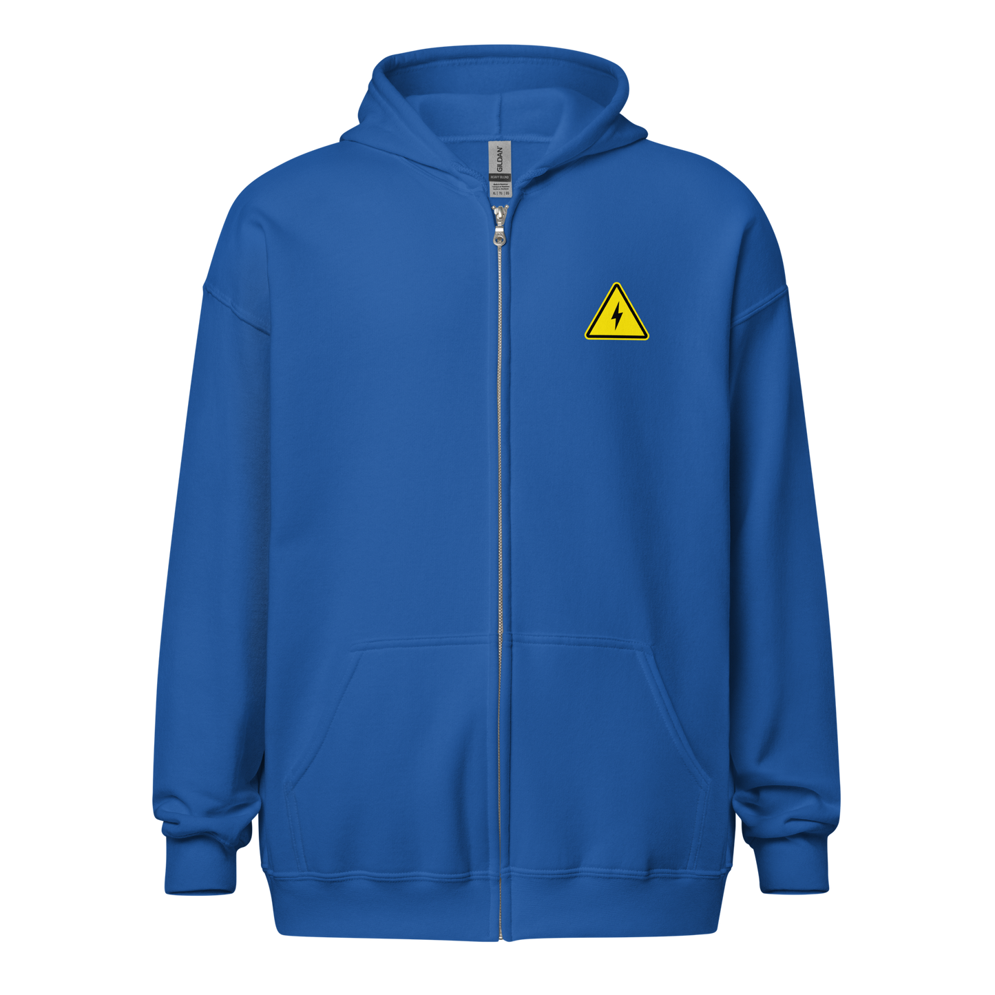 Front view of a royal blue bitcoin zip hoodie.