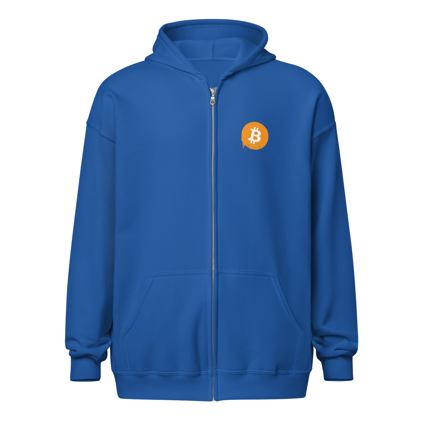 Front view of a royal blue bitcoin zip hoodie.