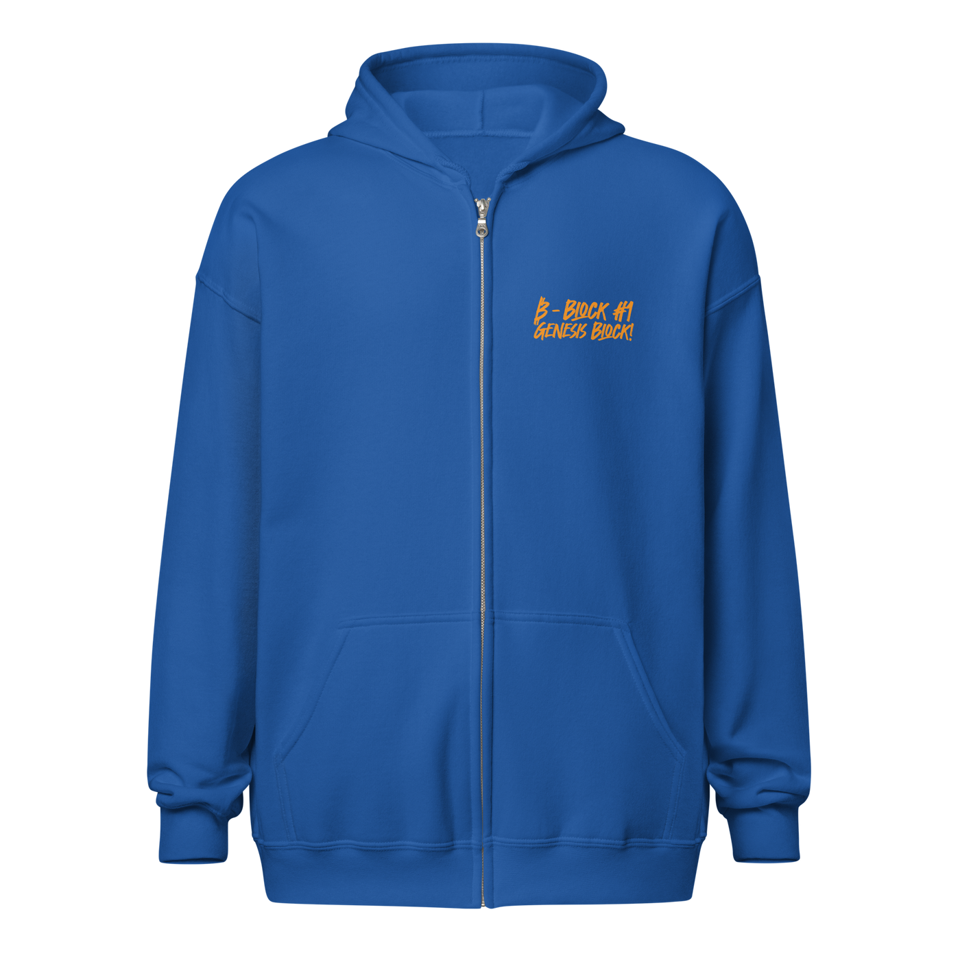 Front view of a royal blue bitcoin zip hoodie.