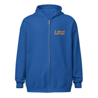 Front view of a royal blue bitcoin zip hoodie.