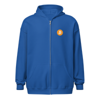 Front view of a royal blue bitcoin zip hoodie.