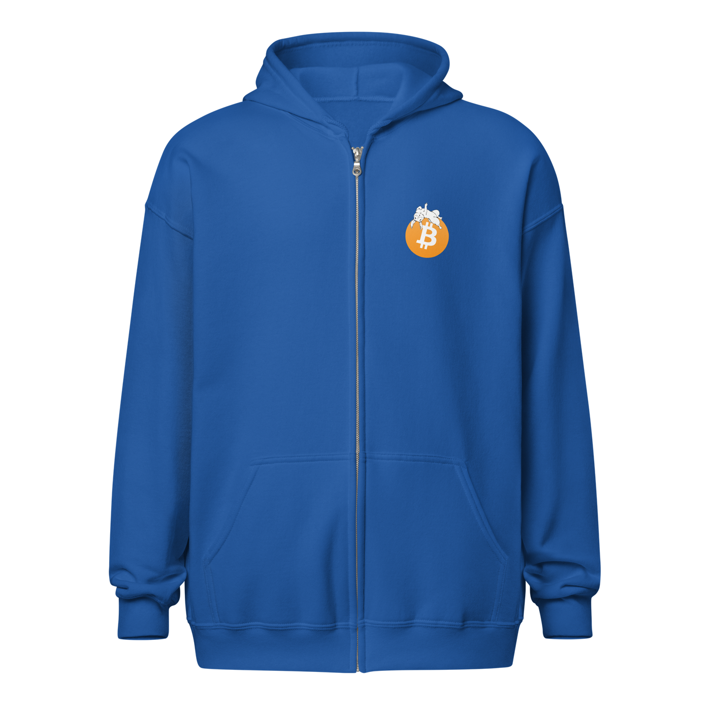 Front view of a royal blue bitcoin zip hoodie.
