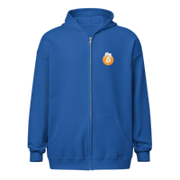 Front view of a royal blue bitcoin zip hoodie.