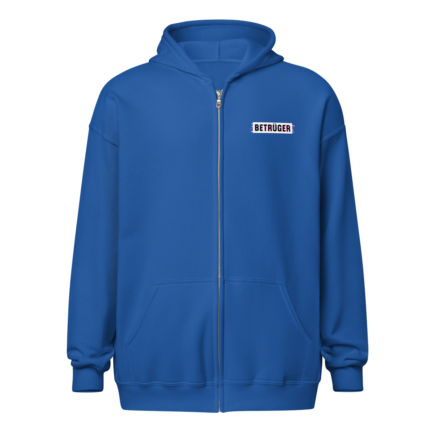 Betrüger anarcho late night heavy blend zip hoodie in Royal, front view.