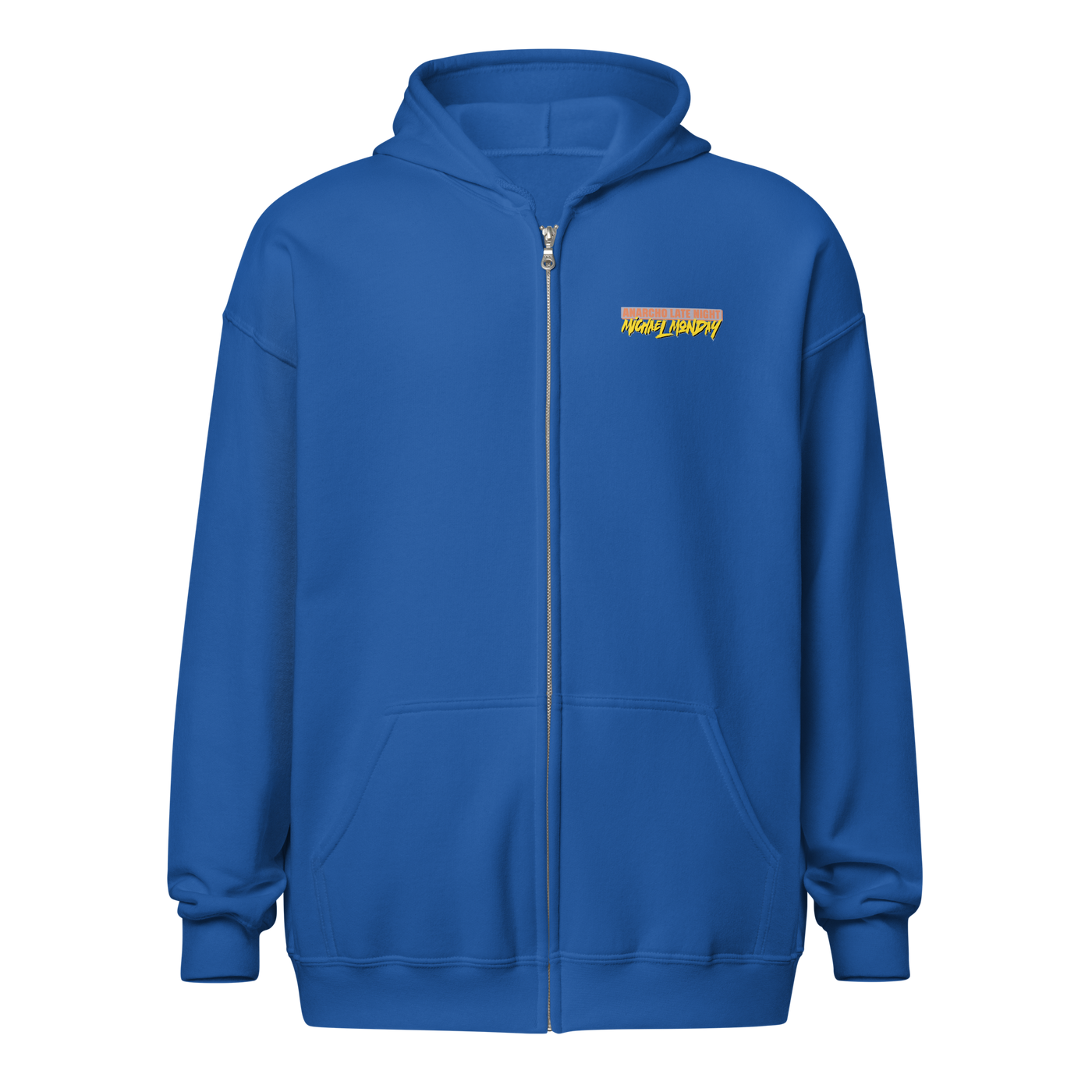 Michael Monday anarcho late night heavy blend zip hoodie in Royal, front view.