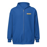 Michael Monday anarcho late night heavy blend zip hoodie in Royal, front view.