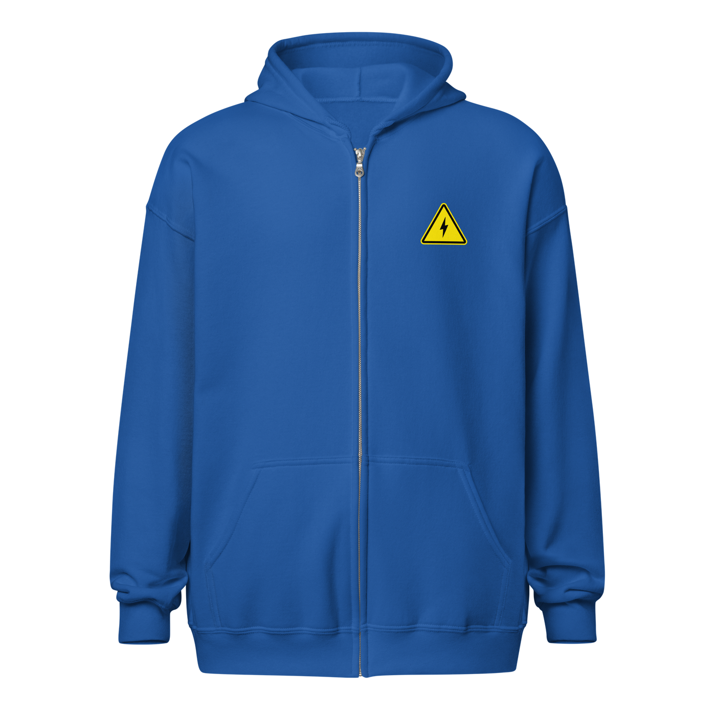 Danger! Fast Transactions heavy blend lightning zip hoodie in Royal, front view.