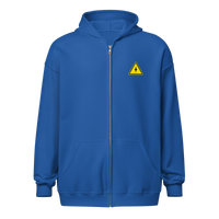 Danger! Fast Transactions heavy blend lightning zip hoodie in Royal, front view.