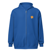 Halving heavy blend bitcoin zip hoodie in Royal, front view.