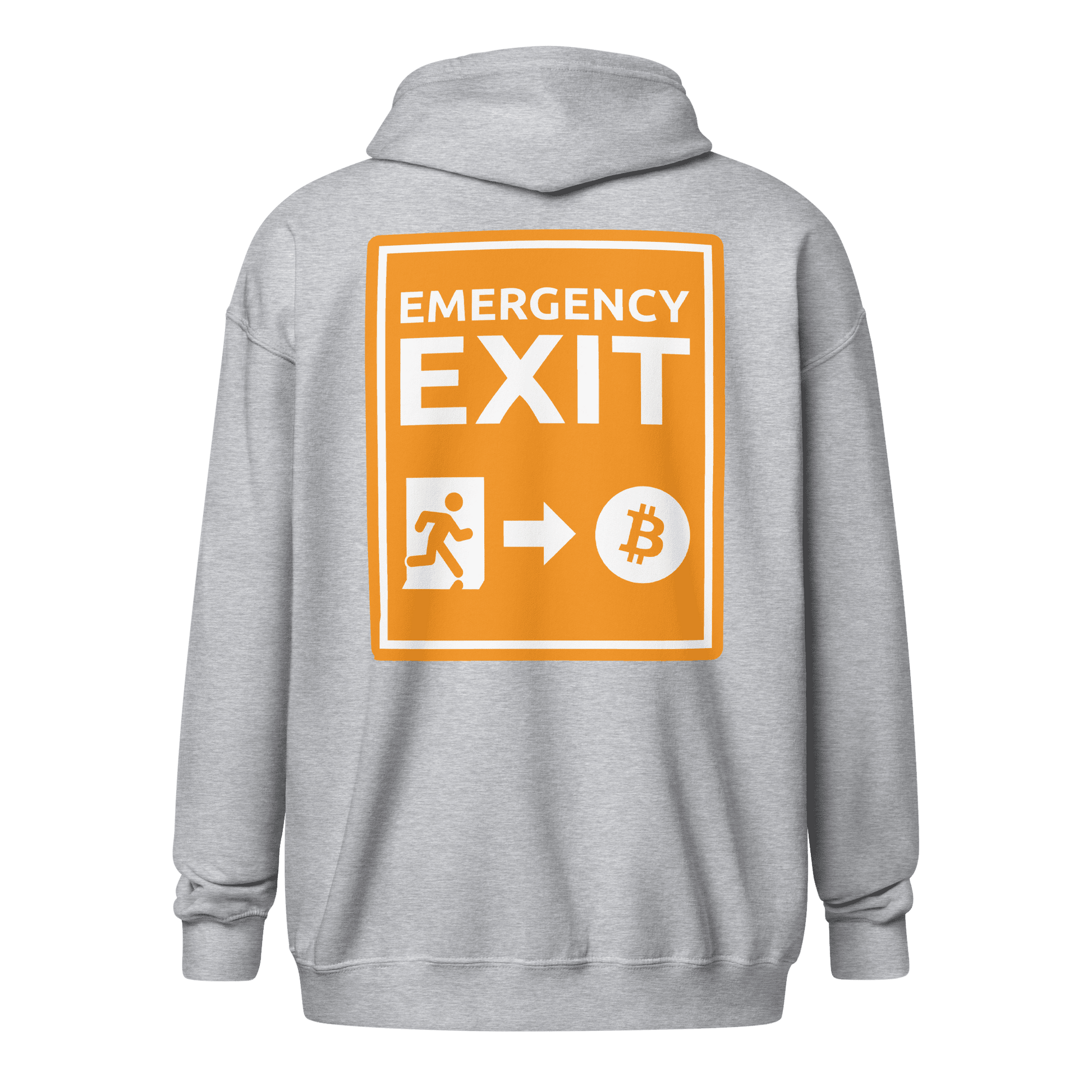 Back view of a sports grey bitcoin zip hoodie.