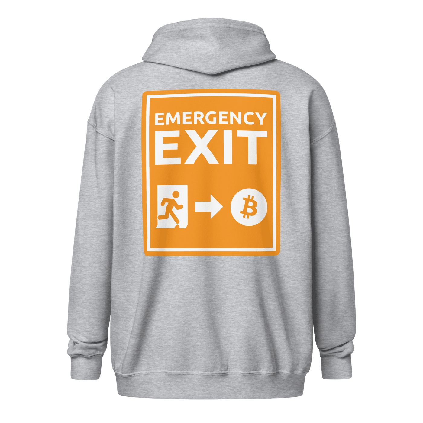 Man wearing heavy blend Bitcoin zip hoodie with Emergency Exit message promoting Bitcoin as a fairer financial system