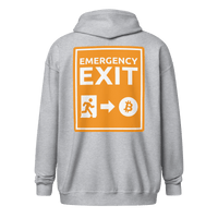 Man wearing heavy blend Bitcoin zip hoodie with Emergency Exit message promoting Bitcoin as a fairer financial system