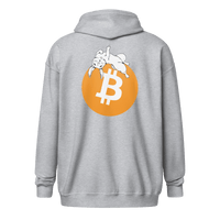 Back view of a sports grey bitcoin zip hoodie.
