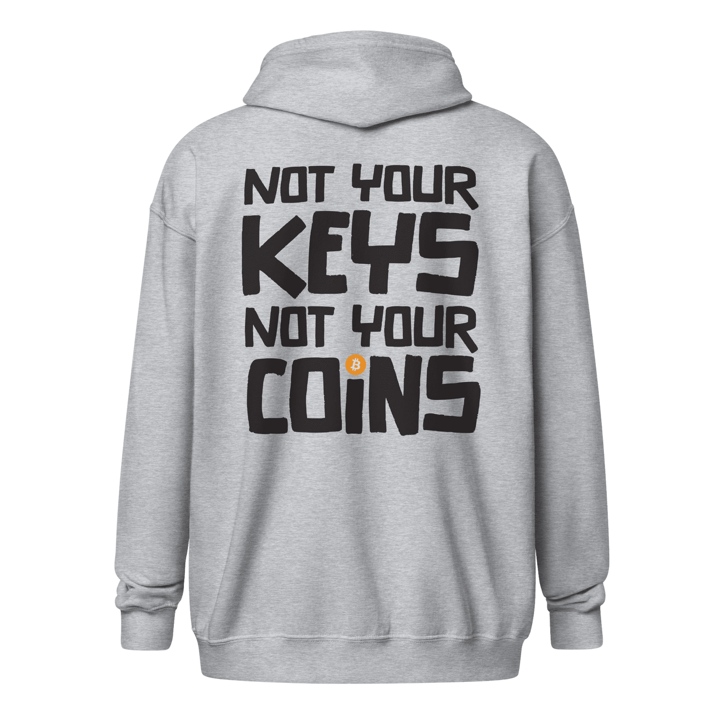 Back view of a sports grey bitcoin zip hoodie.