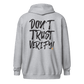 Back view of a sports grey bitcoin zip hoodie.