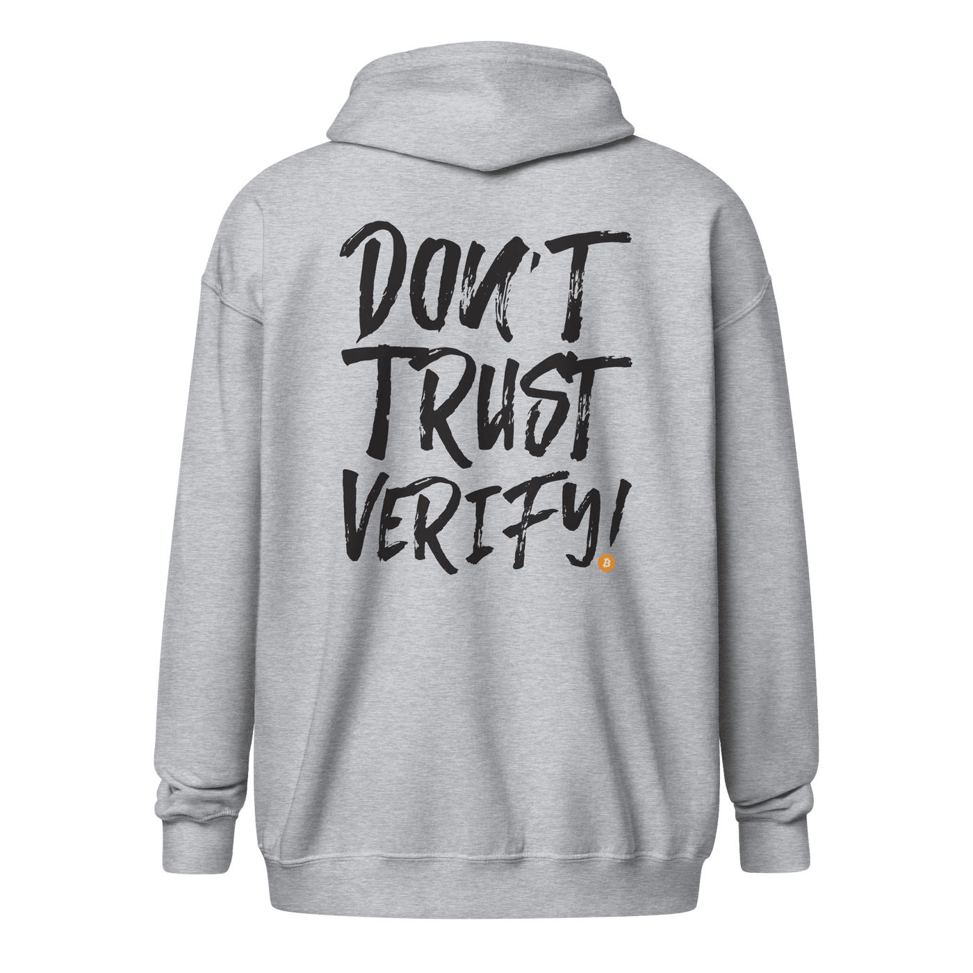 Bitcoin Zip Hoodie with "Don't Trust, Verify" graphic, unisex zip-up design for Bitcoin enthusiasts