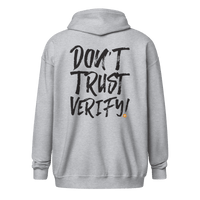 Bitcoin Zip Hoodie with "Don't Trust, Verify" graphic, unisex zip-up design for Bitcoin enthusiasts