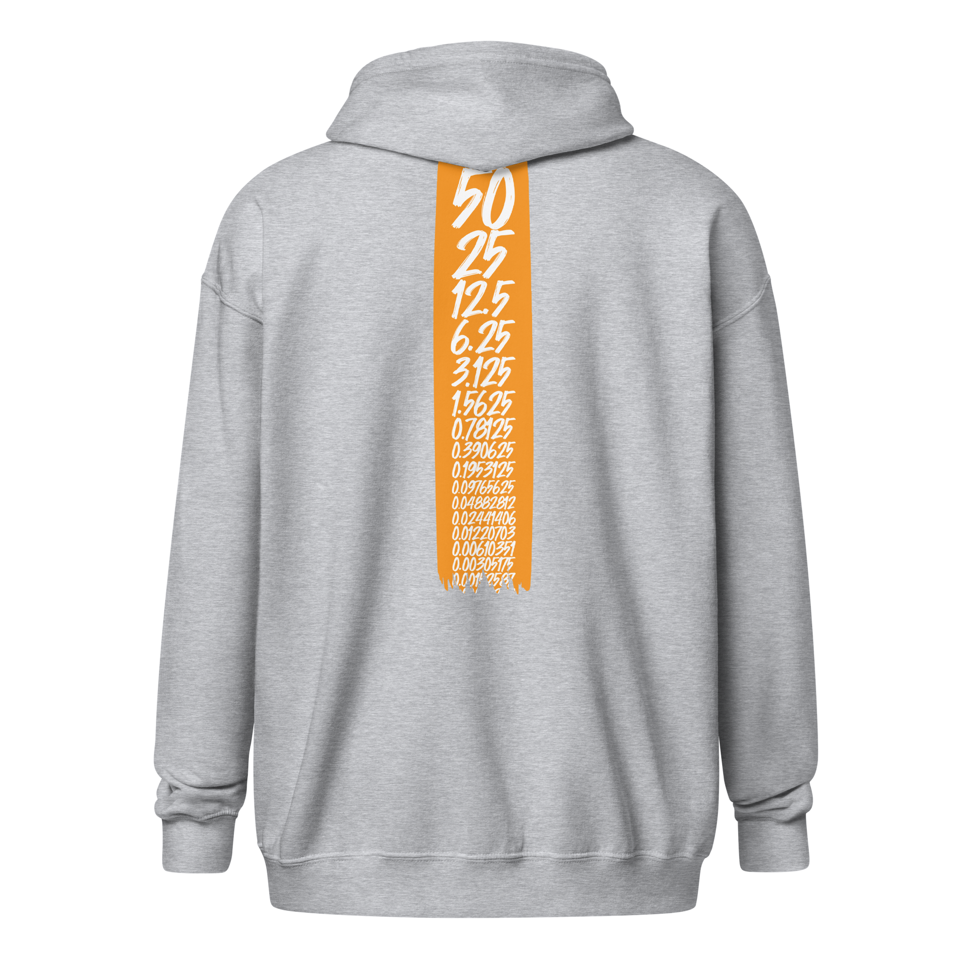 Back view of a sports grey bitcoin zip hoodie.