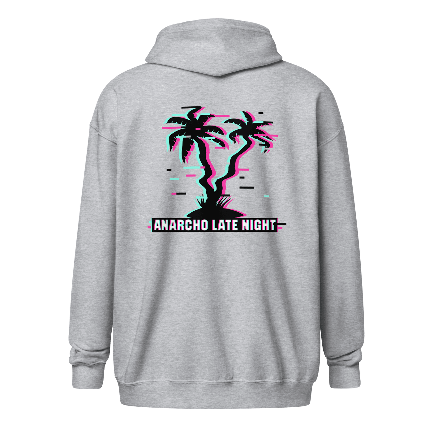 Black Anarcho Late Night hoodie with matrix glitch design and zip front pockets