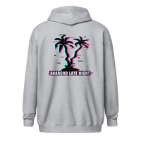 Black Anarcho Late Night hoodie with matrix glitch design and zip front pockets