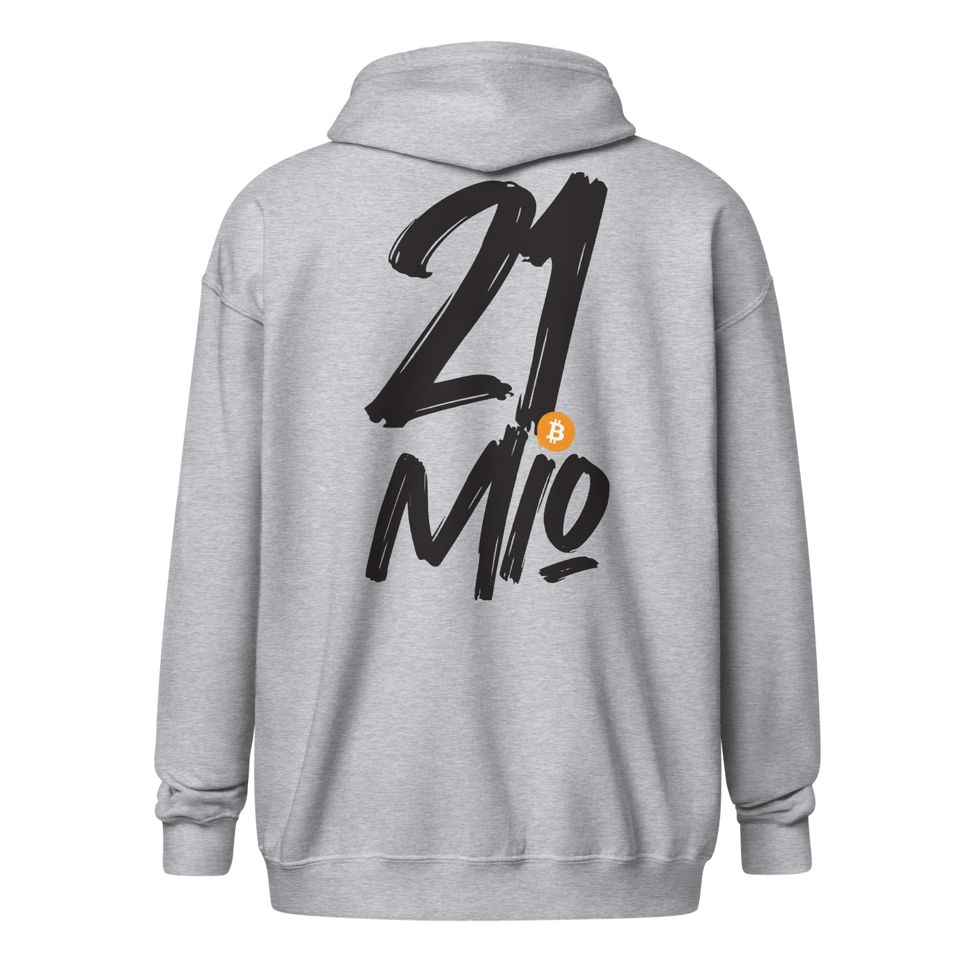 Back view of a sports grey bitcoin zip hoodie.