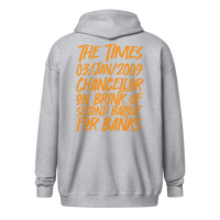 Back view of a sports grey bitcoin zip hoodie.