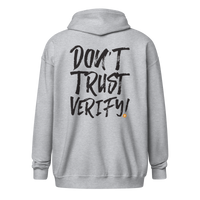 Bitcoin Zip Hoodie with "Don't Trust, Verify" graphic, unisex zip-up design for Bitcoin enthusiasts