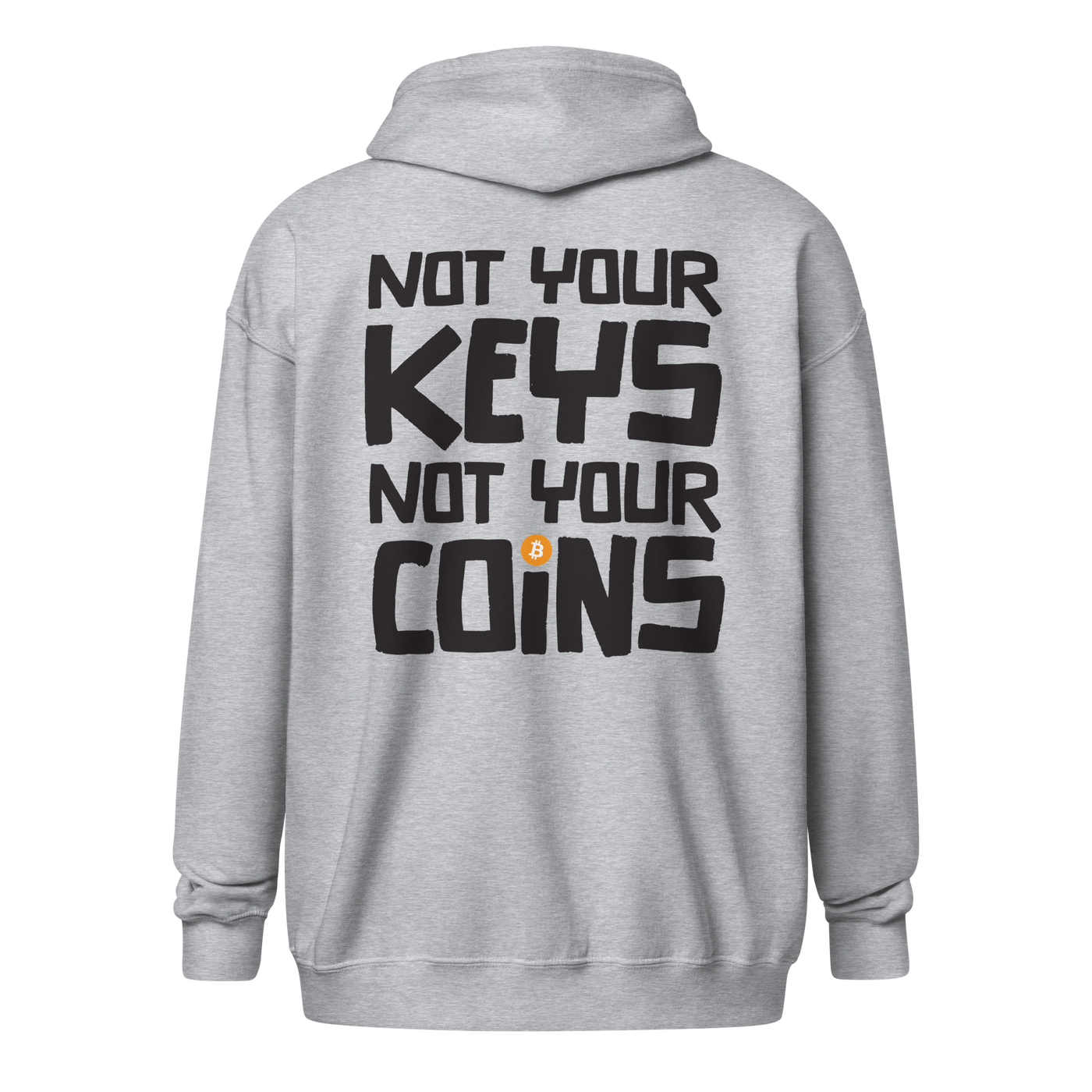 Back view of a sports grey bitcoin zip hoodie.
