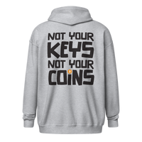 Back view of a sports grey bitcoin zip hoodie.