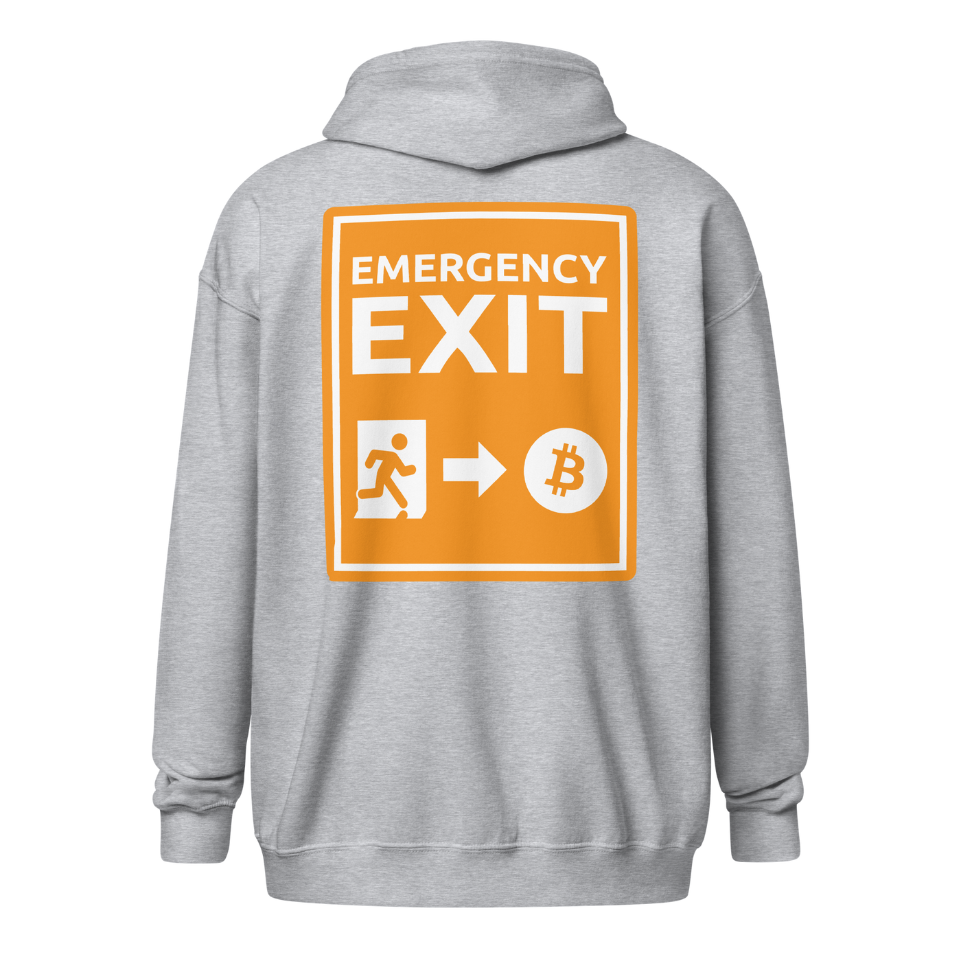 Man wearing heavy blend Bitcoin zip hoodie with Emergency Exit message promoting Bitcoin as a fairer financial system
