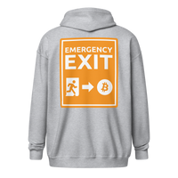 Man wearing heavy blend Bitcoin zip hoodie with Emergency Exit message promoting Bitcoin as a fairer financial system