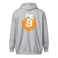 Back view of a sports grey bitcoin zip hoodie.