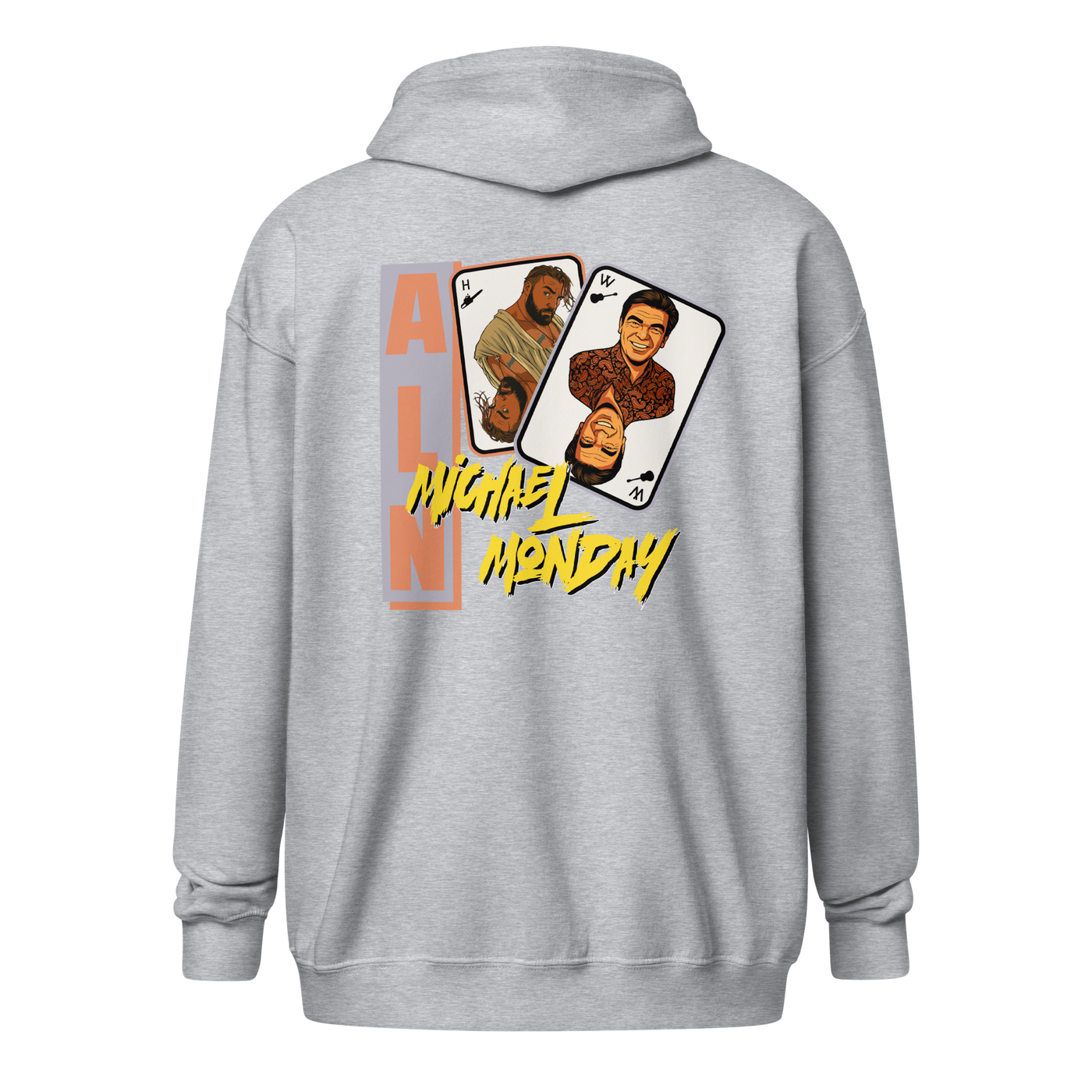 Michael Monday anarcho late night heavy blend zip hoodie in Sport Grey, back view.