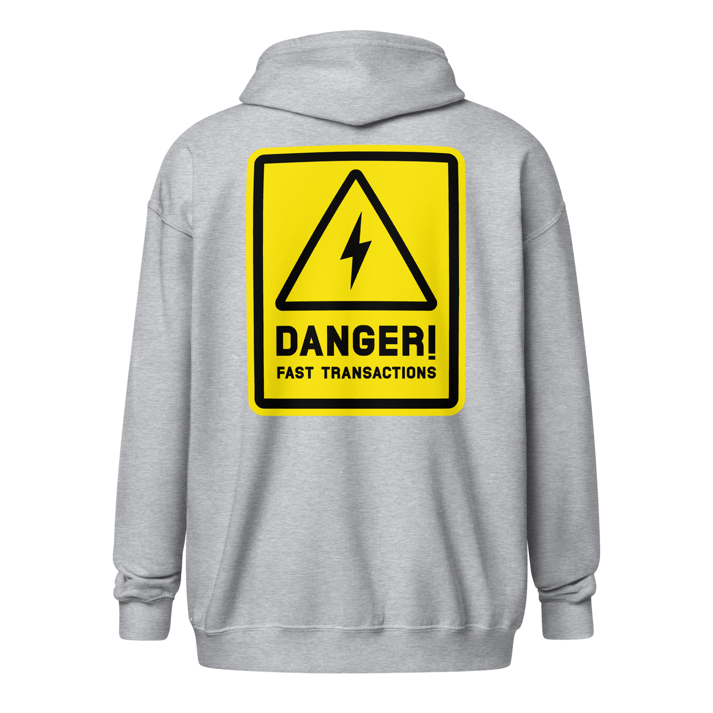 Danger! Fast Transactions heavy blend lightning zip hoodie in Sport Grey, back view.
