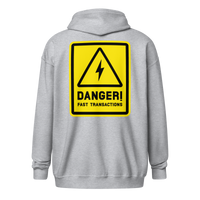 Danger! Fast Transactions heavy blend lightning zip hoodie in Sport Grey, back view.