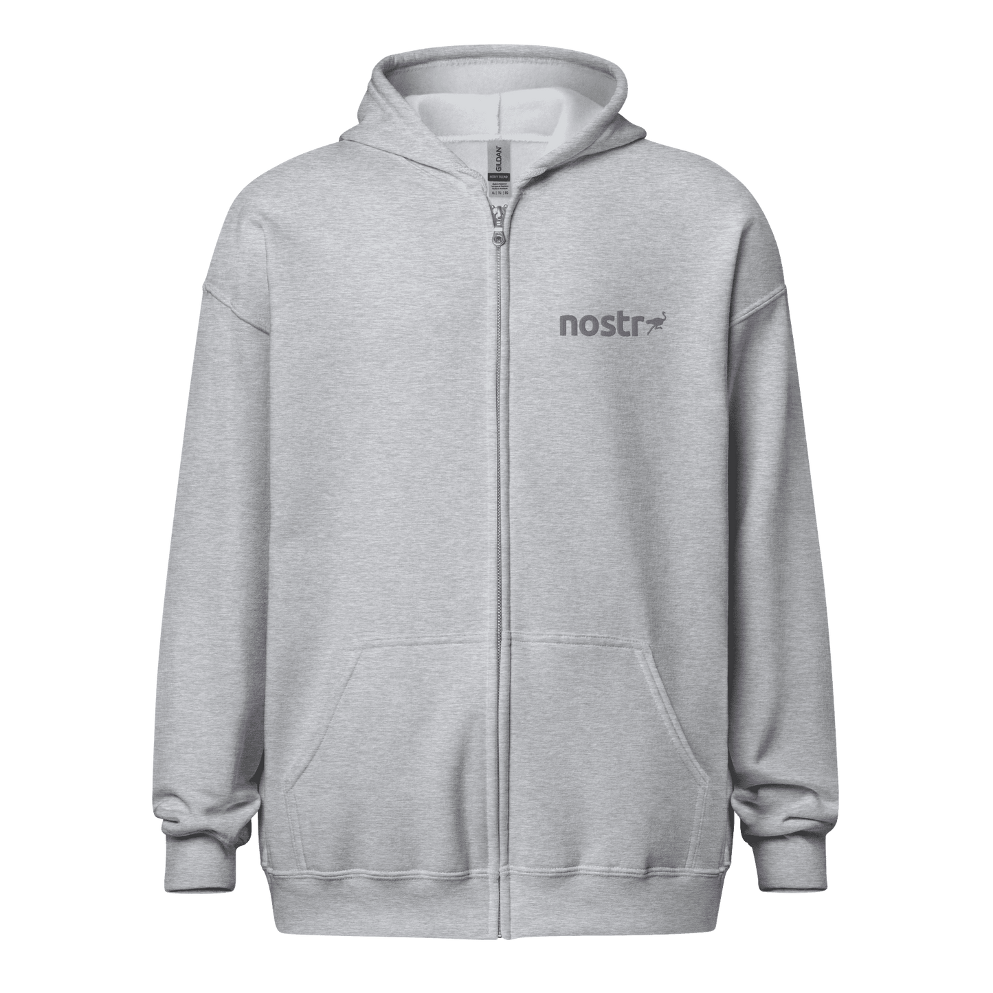 Front view of a sports grey embroidered nostr zip hoodie.