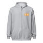 Front view of a sports grey bitcoin zip hoodie.