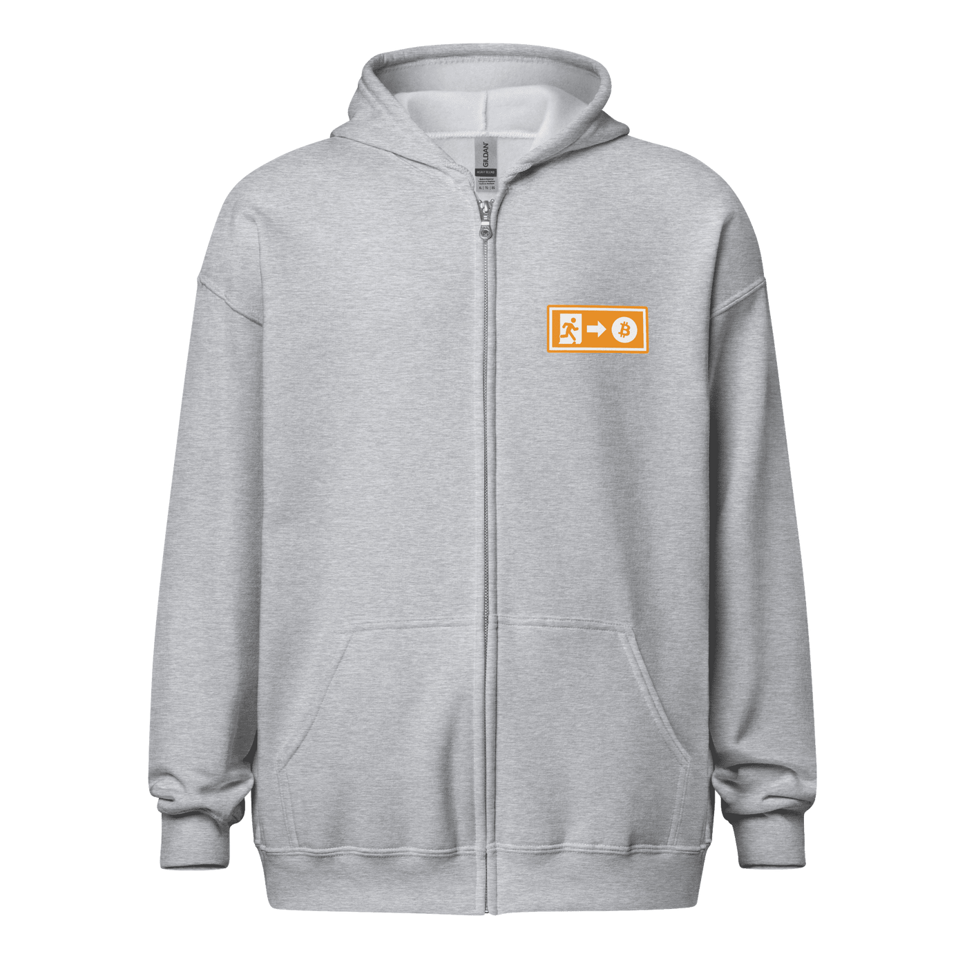 Emergency Exit heavy blend zip hoodie featuring Bitcoin design for a fairer future