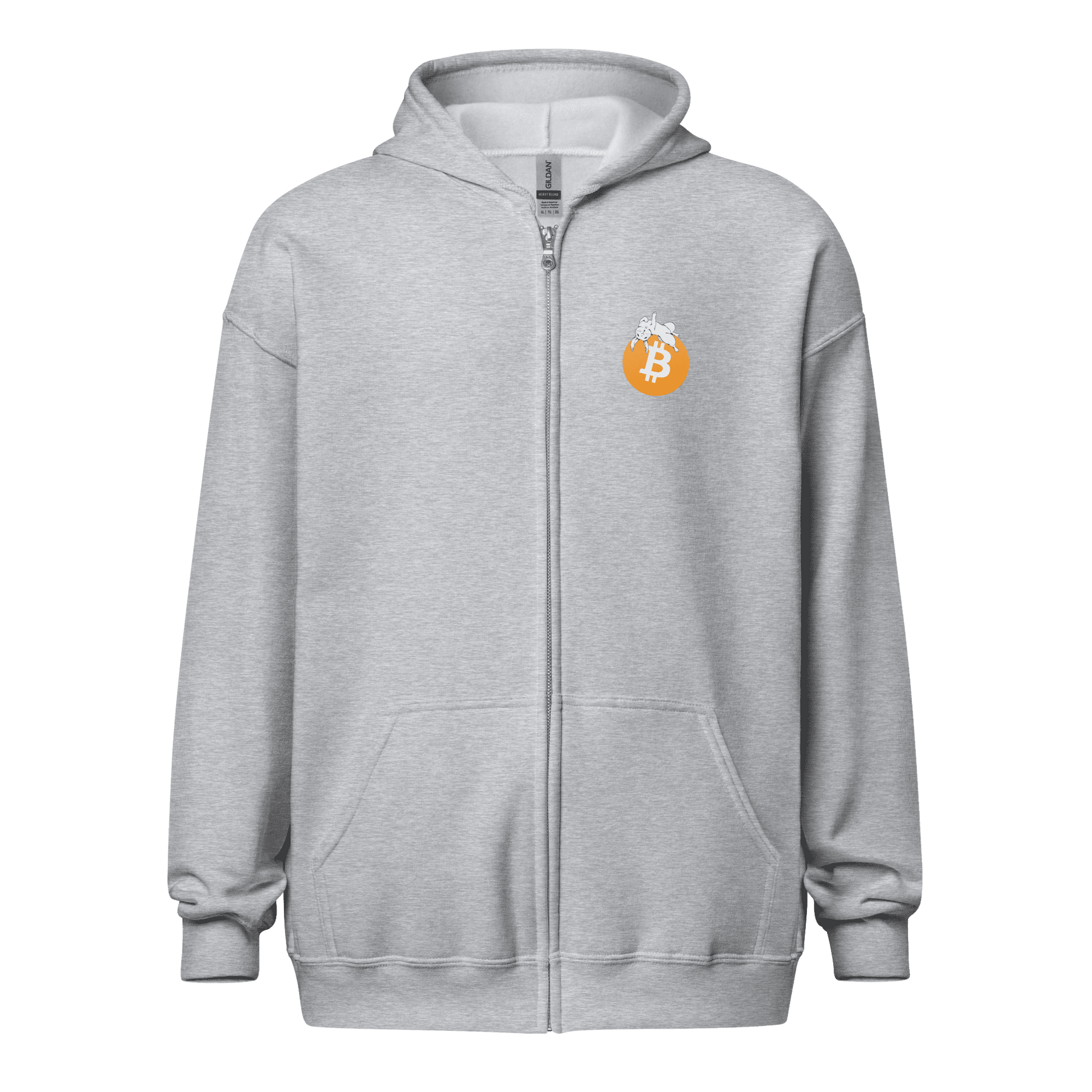 Front view of a sports grey bitcoin zip hoodie.