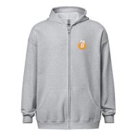 Front view of a sports grey bitcoin zip hoodie.