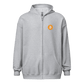 Front view of a sports grey bitcoin zip hoodie.