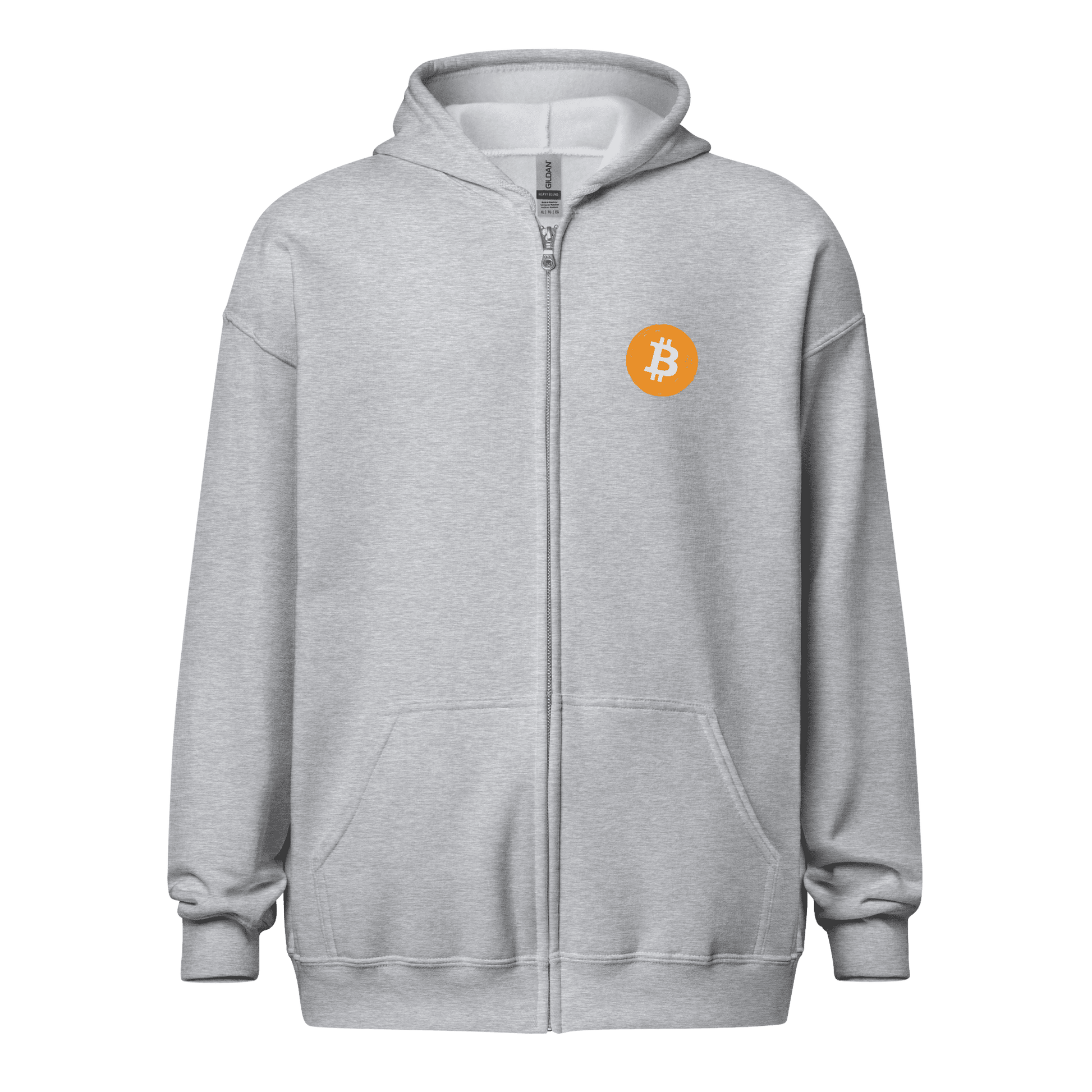 Front view of a sports grey bitcoin zip hoodie.
