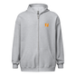 Front view of a sports grey bitcoin zip hoodie.