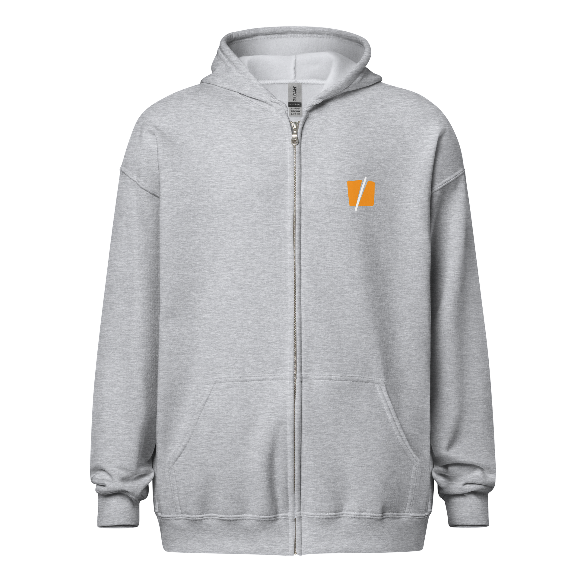 Front view of a sports grey bitcoin zip hoodie.