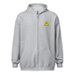 Front view of a sports grey bitcoin zip hoodie.