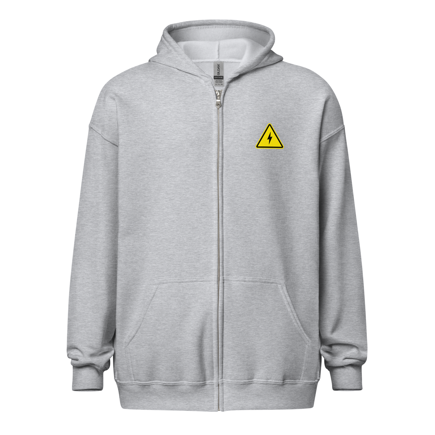 Front view of a sports grey bitcoin zip hoodie.