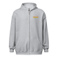 Front view of a sports grey aln zip hoodie.