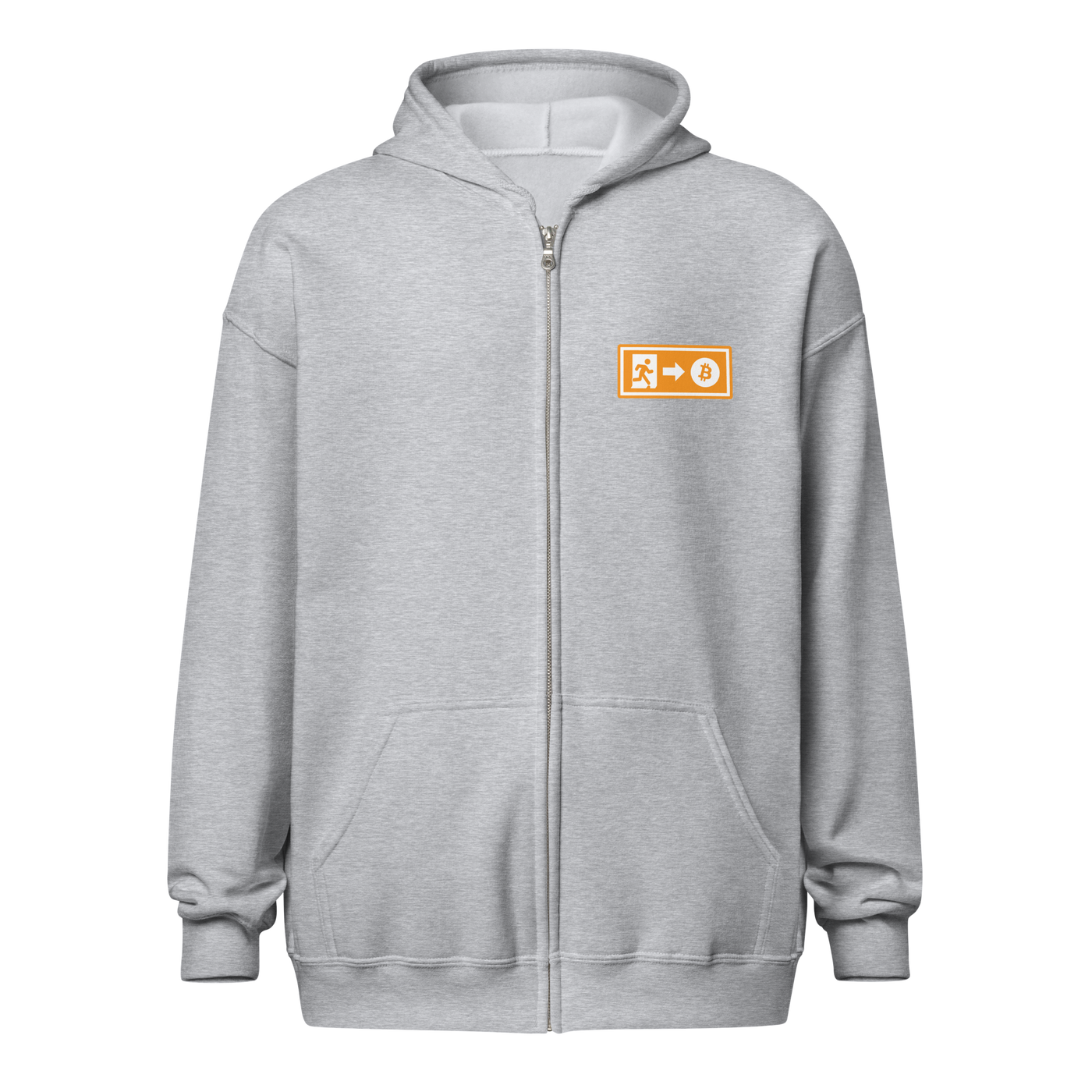 Emergency Exit heavy blend zip hoodie featuring Bitcoin design for a fairer future