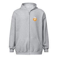 Front view of a sports grey bitcoin zip hoodie.